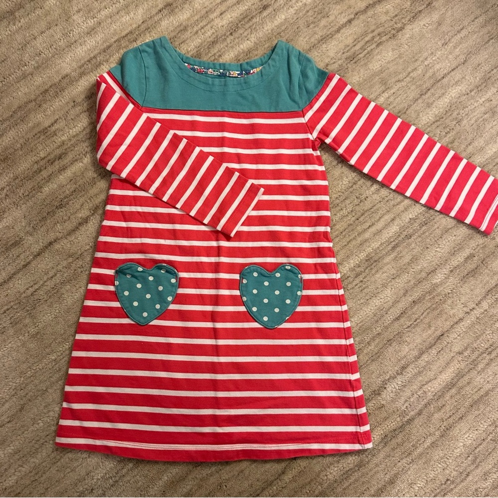 Mini Boden heart pockets dress stripes size 6-7